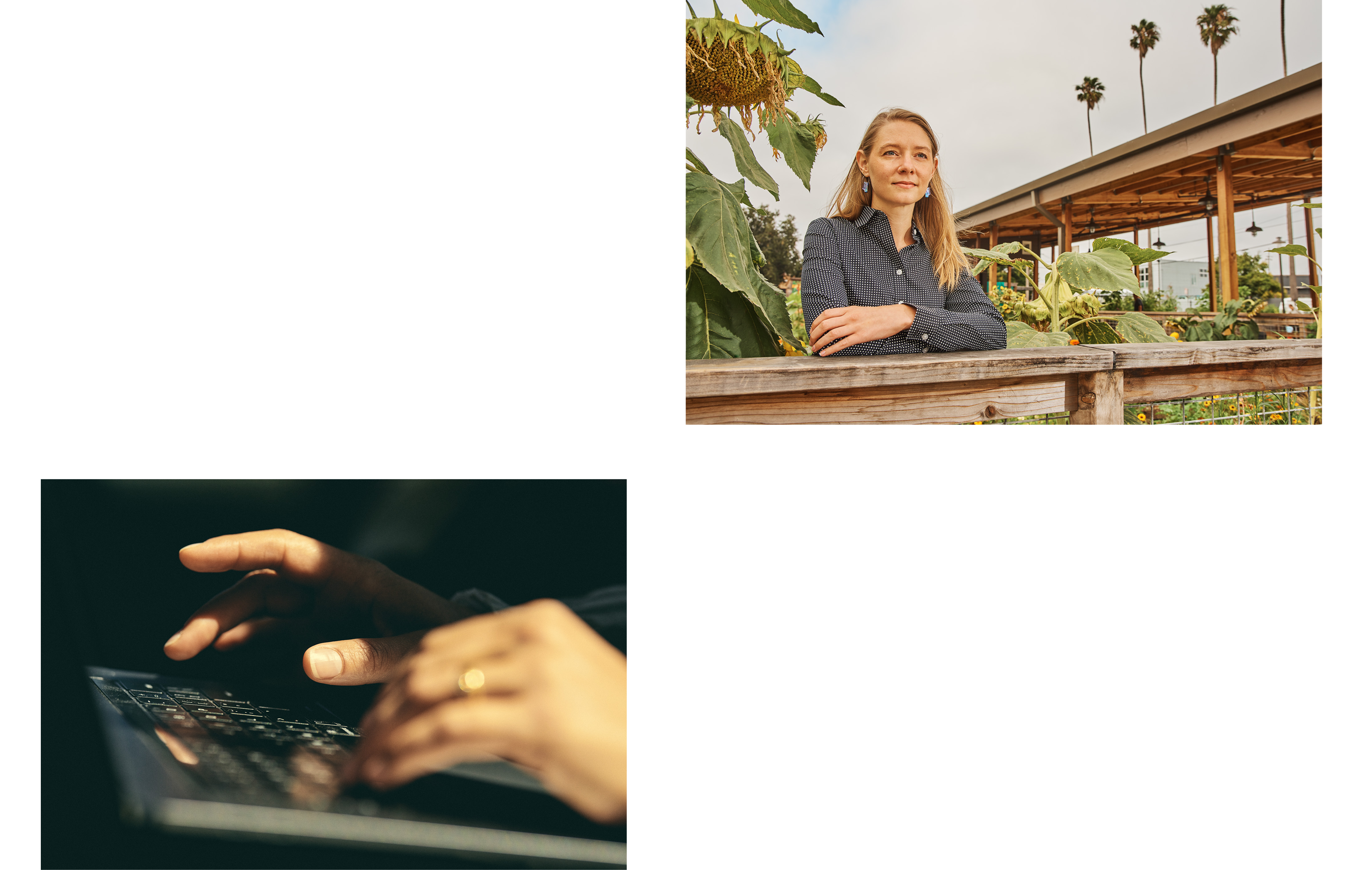 Portrait of woman in garden and hands on keyboard