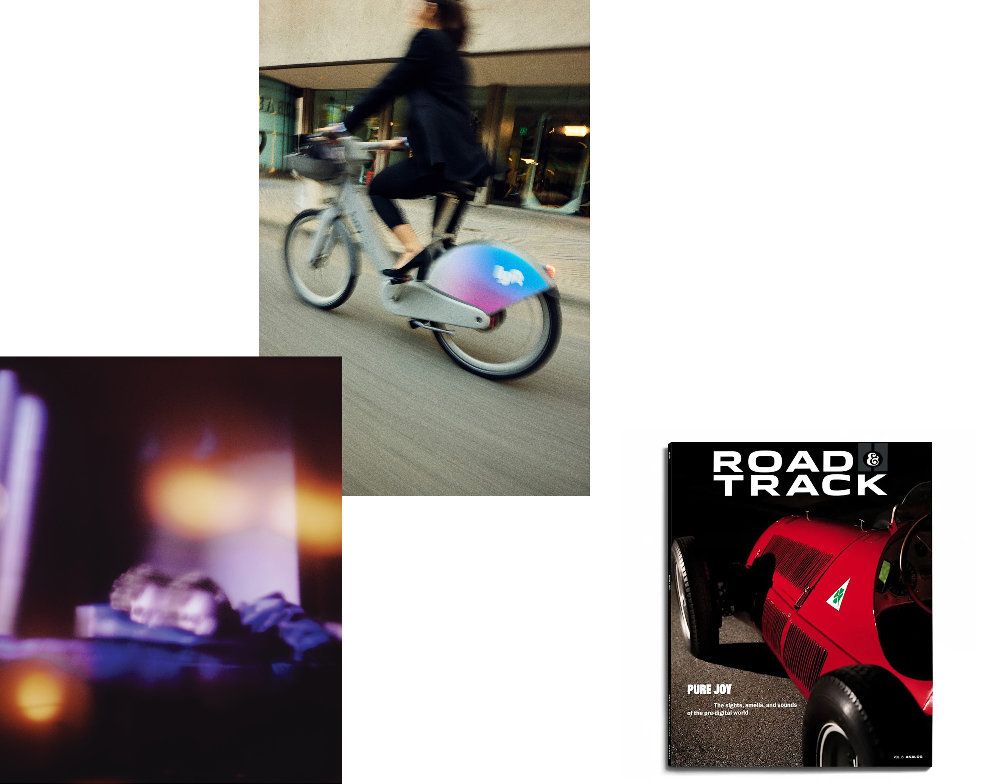 Lyft bike zooming through city, emotional portrait of teenager and cover of Road and Track magazine