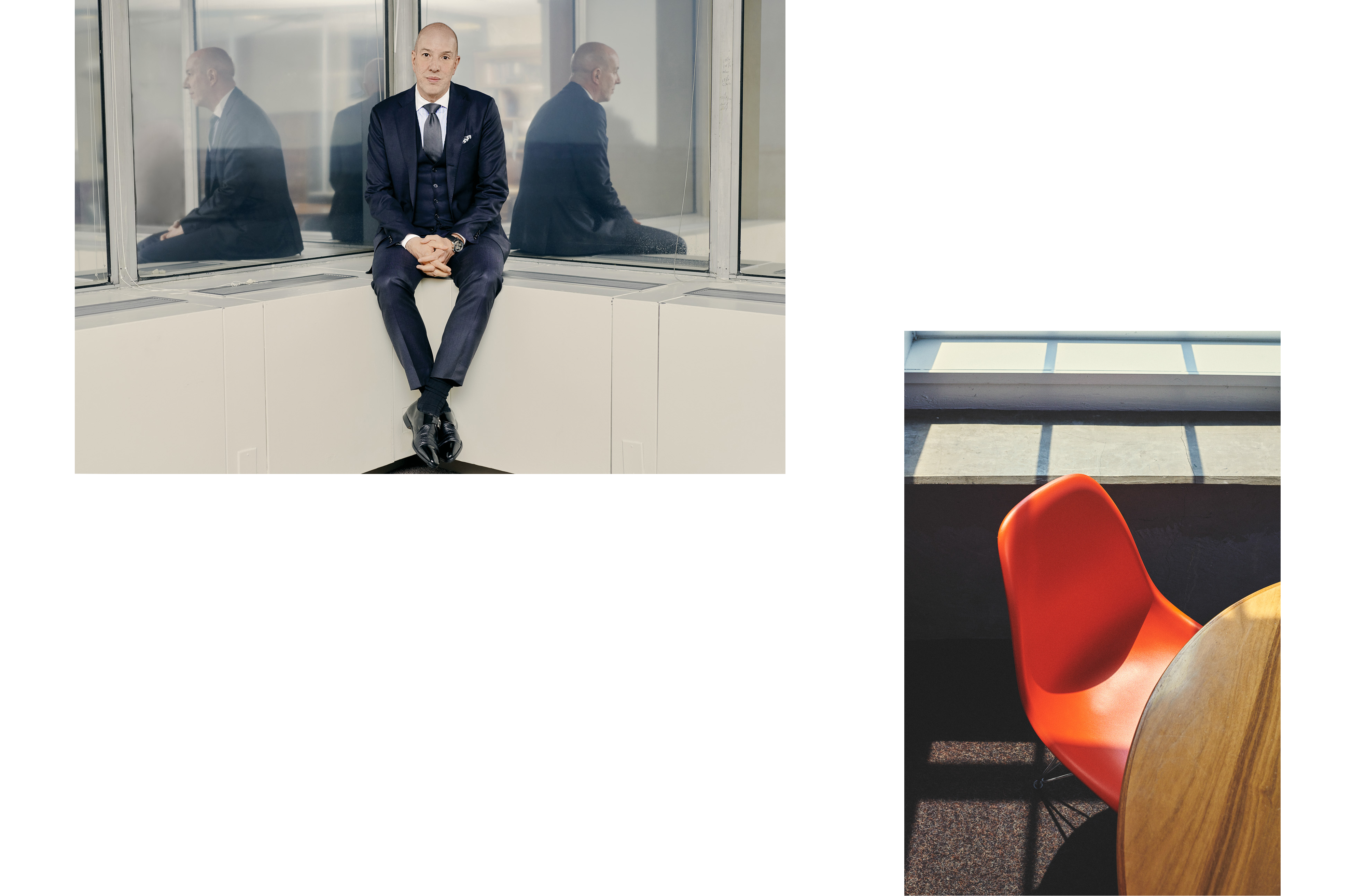 Portrait of man and orange chair in sunlight