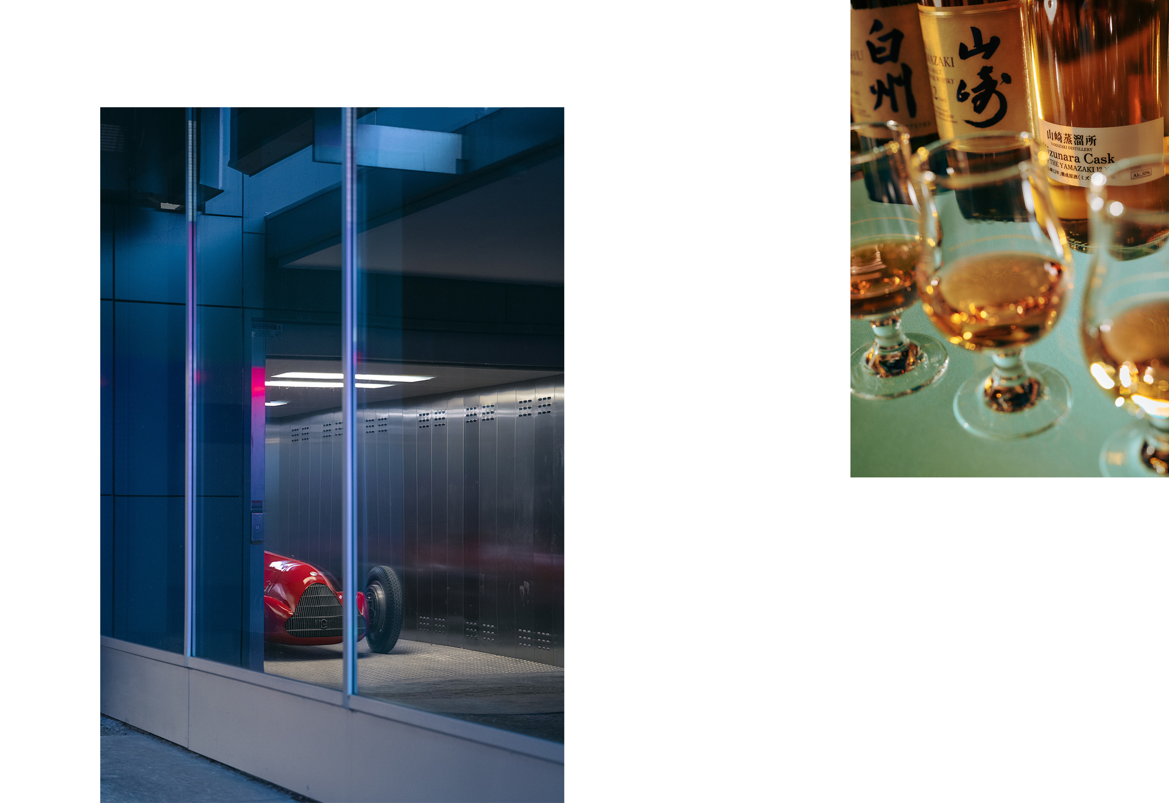 Car in museum and whiskey in glasses