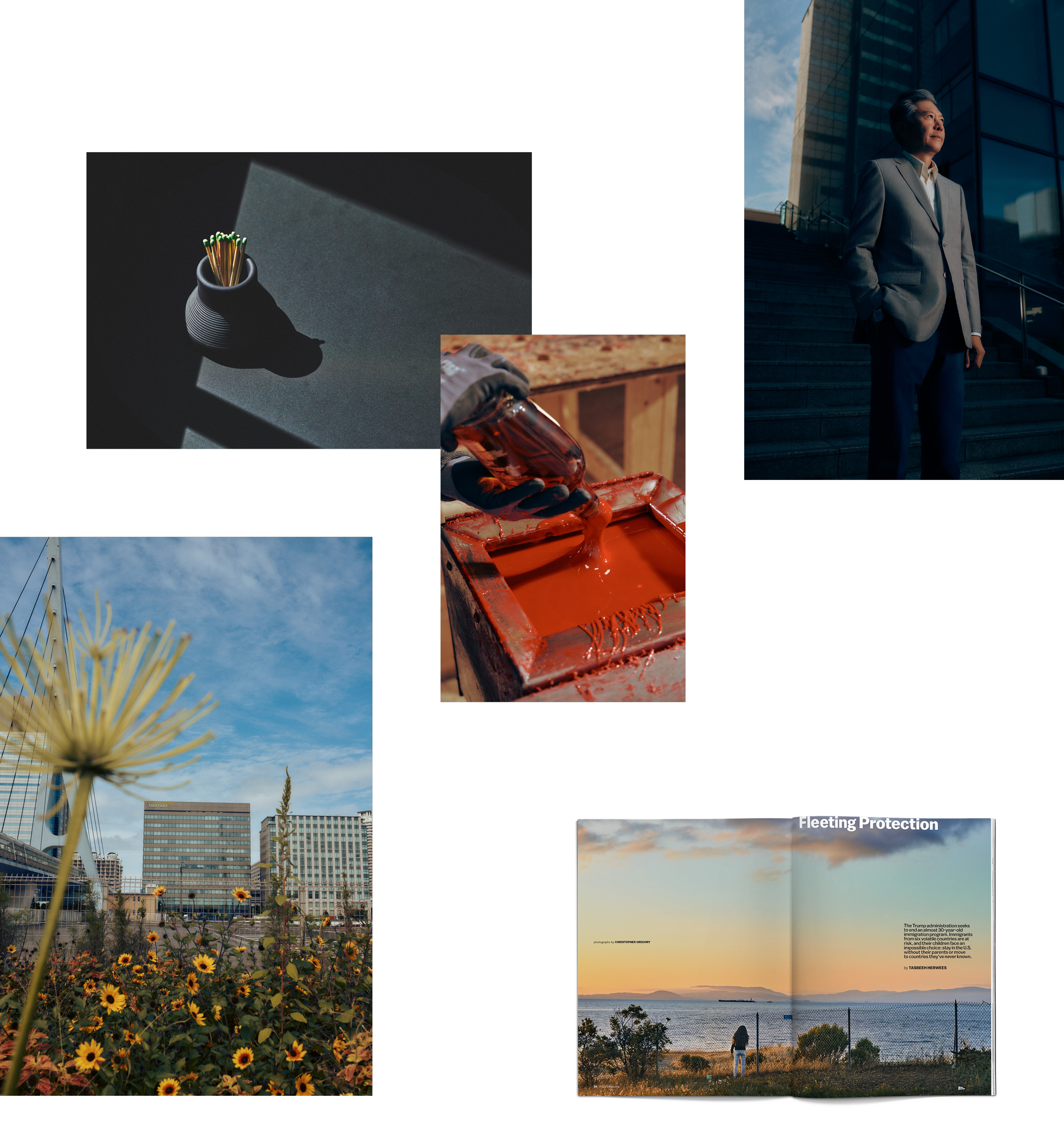 Japanese business man, matches, Maker's Mark bottle, flowers in urban setting and ACLU magazine spread of girl standing by water