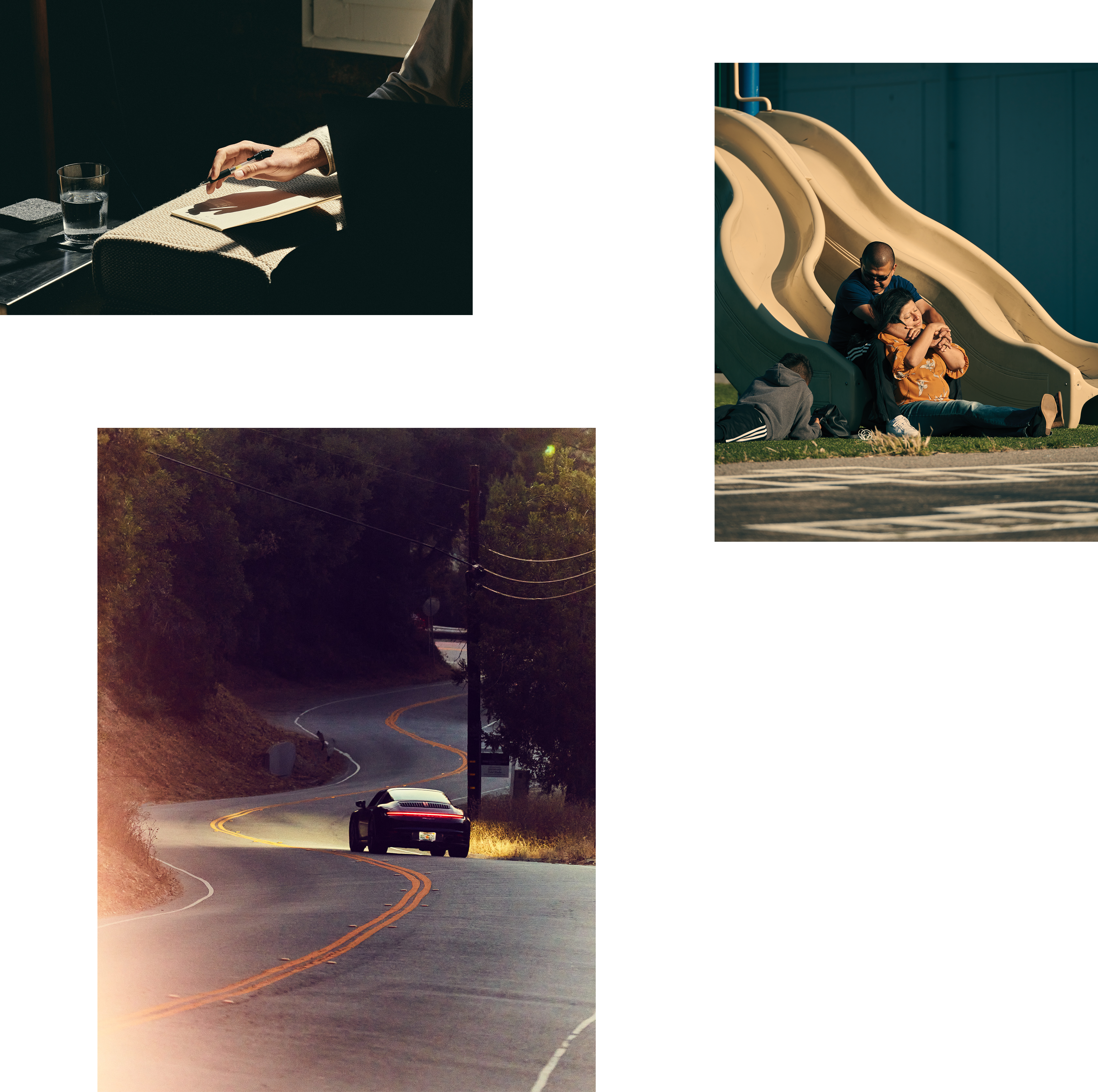 Hand in sunlight, couple by slide and porsche on windy road