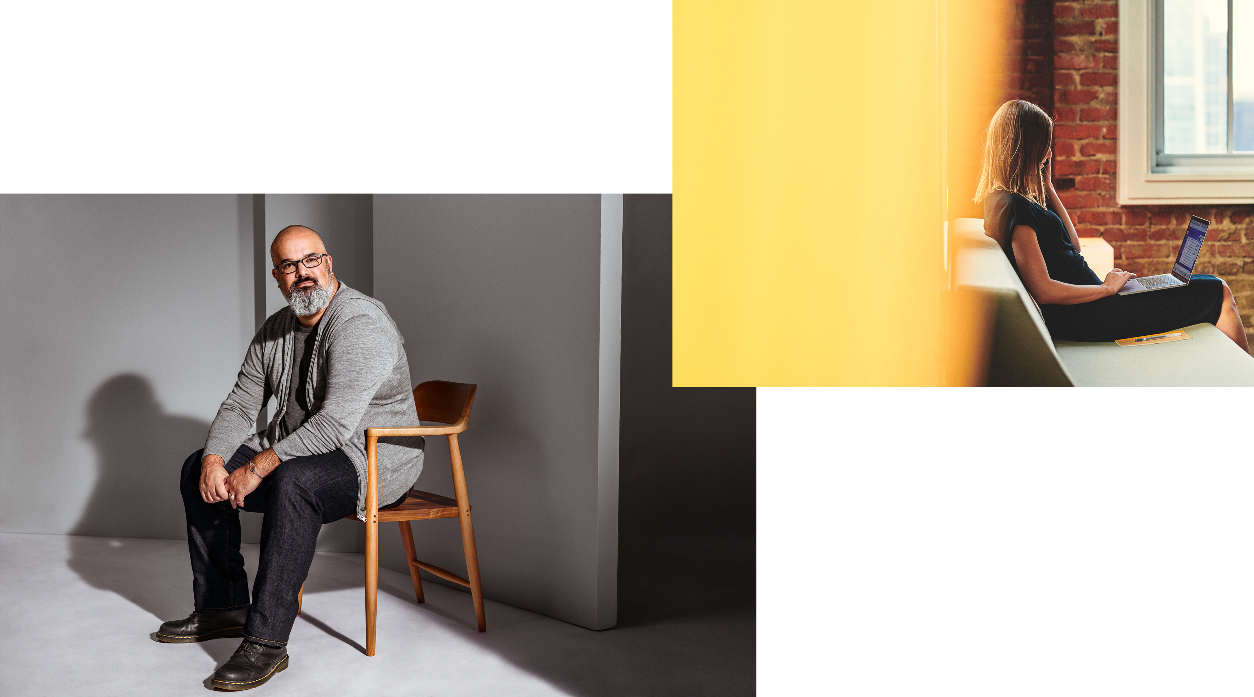 Portrait of man in cahir and woman at work